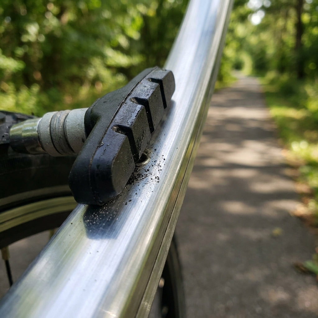 SHIMANO Bremsschuh M70T3 Cartridge-Belag für Alufelge am Fahrrad. Bremsflanke mit Abrieb auf Waldweg.