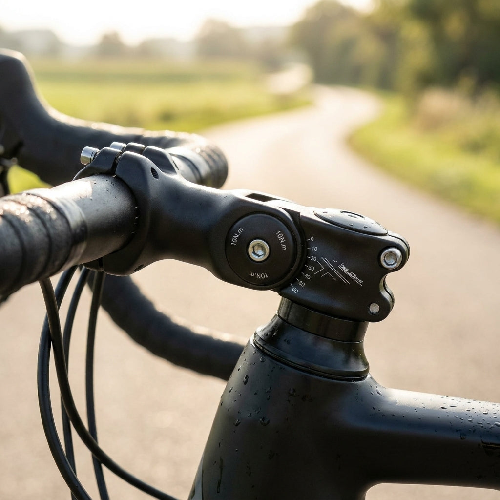 XLC Comp A-Head Vorbau ST-T14 schwarz verstellbar am nassen Fahrradlenker, auf sonniger Landstraße.