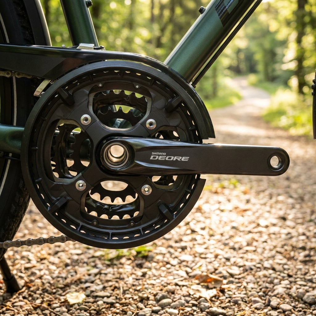 SHIMANO DEORE Kurbelgarnitur FC-T6010 10-fach, 48-36-26 Zähne, am Fahrrad auf Waldweg.