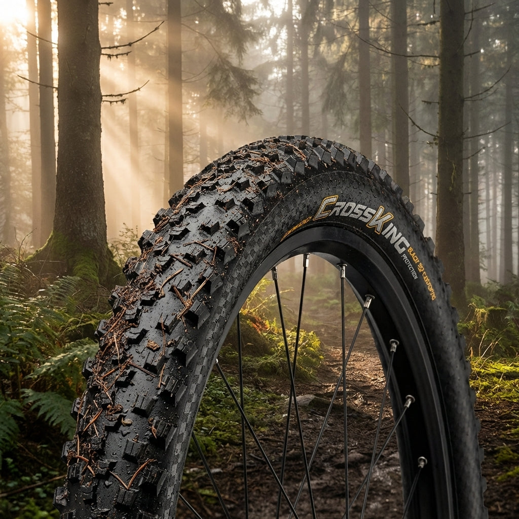 Continental Reifen Conti Cross King 2.3 26x2.30 Zoll 58-559 E-25 Drahtreifen auf Laufrad im sonnigen Wald.
