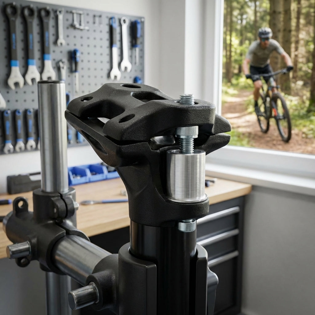 Airwings Kerzenaufnahme f. Evolution Expleto am Montageständer in Werkstatt, Mountainbiker im Wald