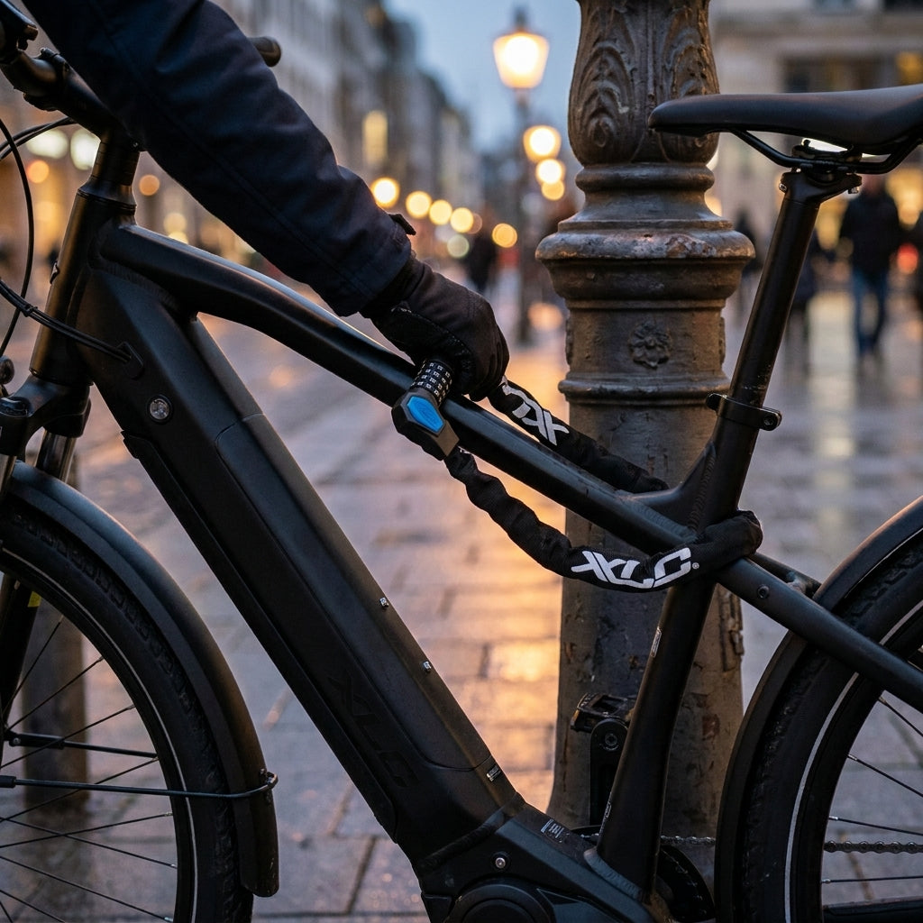 Person schließt E-Bike mit XLC Kettenzahlenschloss Yakuza plus D 6mm 1000mm ab.