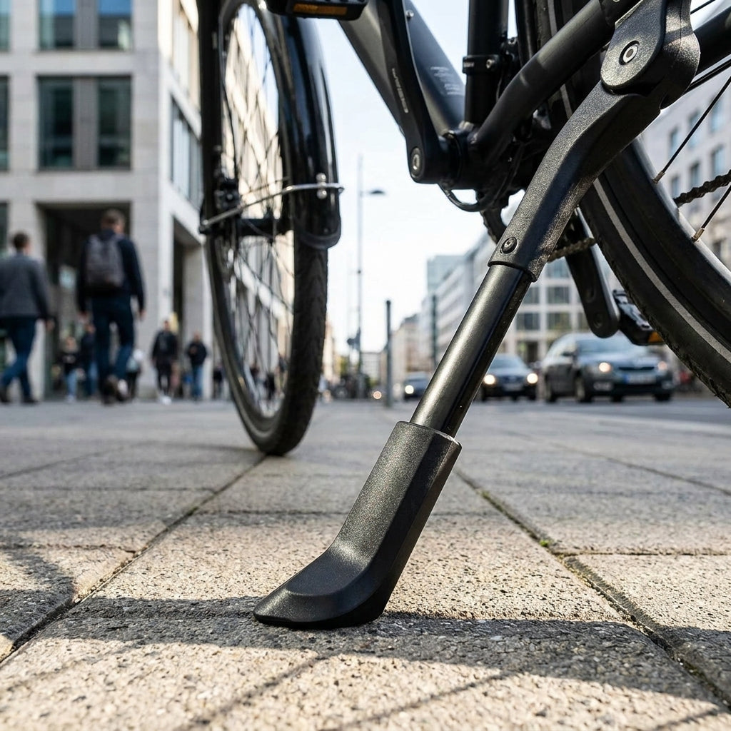 Ursus King Evo Fahrradständer schwarz Mittelbau Hinterbau mit Kunststofffuß am Fahrrad auf Bürgersteig.