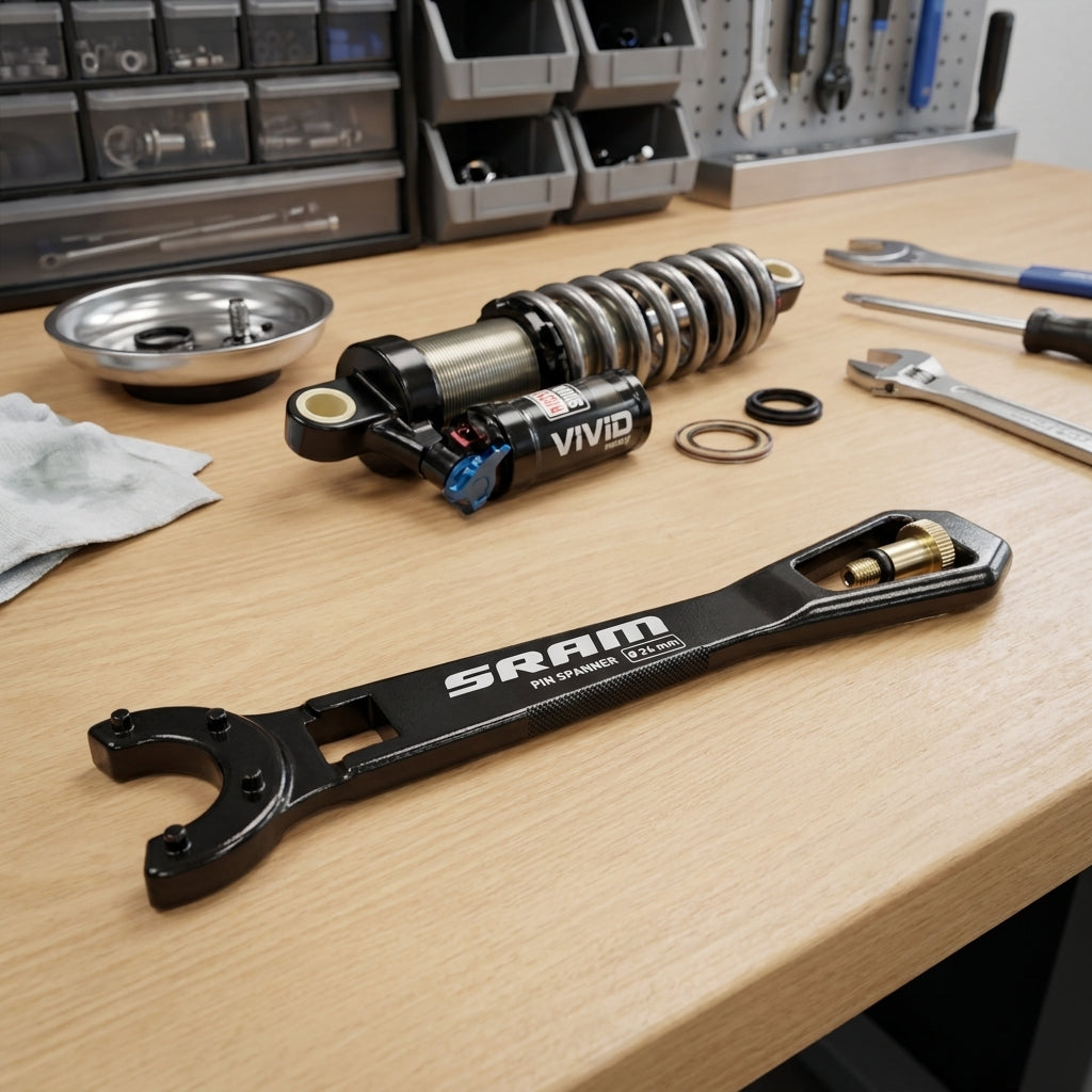 SRAM Pin Spanner Dämpfertool für RockShox Vivid Dämpfer auf Werkbank zur Fahrradwartung.