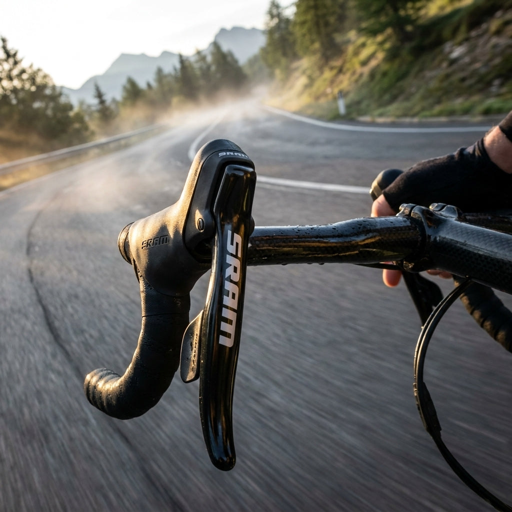 SRAM S500 Bremshebel für Road Felgenbremsen am Rennrad auf kurviger Straße.