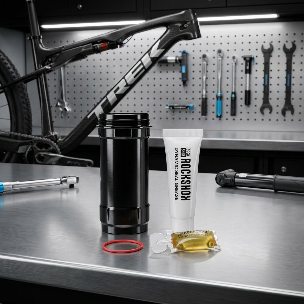 RockShox Luftkammer-Montage für Trek Super Deluxe Dämpfer, mit Dichtungsfett und Luftkammeröl zur Federungswartung.