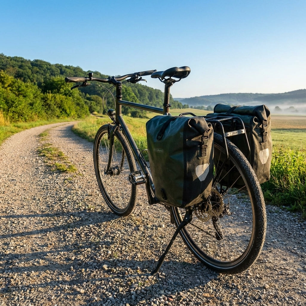 Robuster Tubus Cargo Evo 28 Zoll Gepäckträger schwarz mit Packtaschen an Fahrrad auf sonnigem Feldweg.