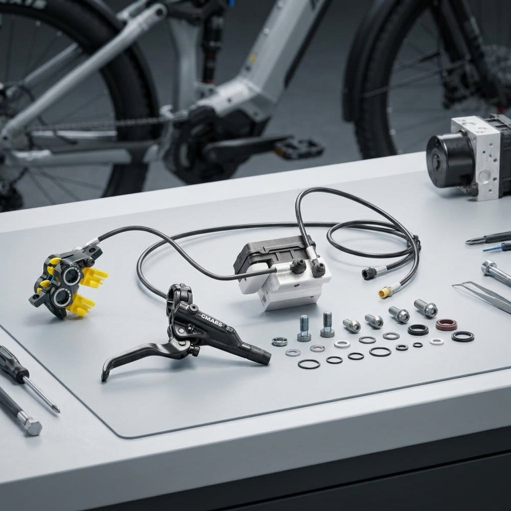 Bosch ABS Service-Kit BAS100 für Fahrräder mit Bremse, Steuereinheit, Schrauben und Dichtungen auf Tisch vor E-Bike.