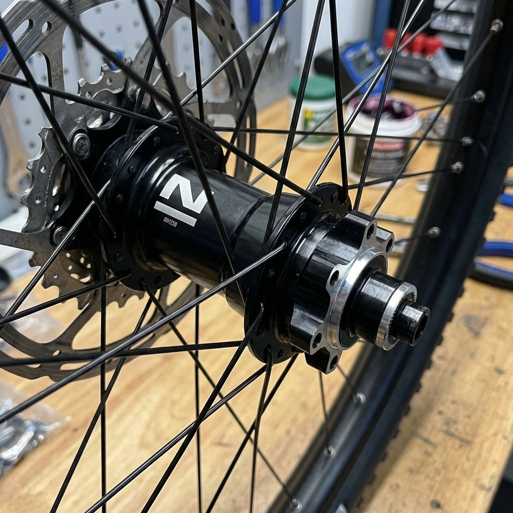 Schwarze Novatec D042SB Hinterradnabe, 32 Loch, 6-Loch Disc, 8-11-fach, in einem Fahrradlaufrad montiert.