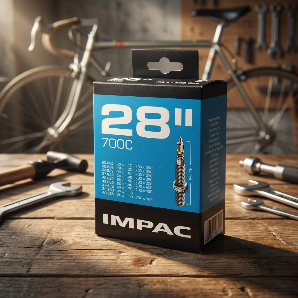 Impac Fahrradschlauch 28 Zoll 700C SV Sclaverand-Ventil 40mm Produktverpackung auf Holztisch in Fahrradwerkstatt.
