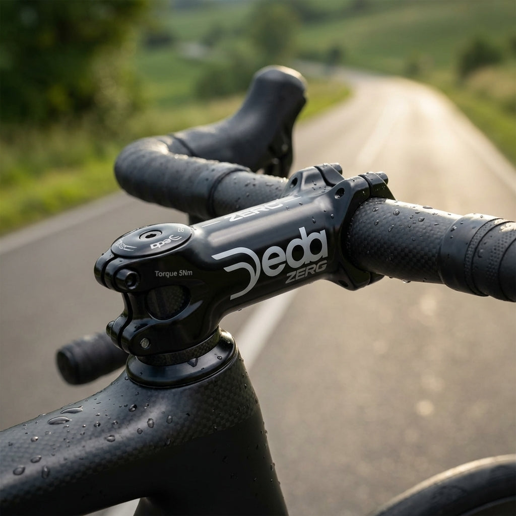 Deda Zero2 OS 90mm Vorbau poliert auf schwarz am Fahrrad mit Wassertropfen auf einer Landstraße.
