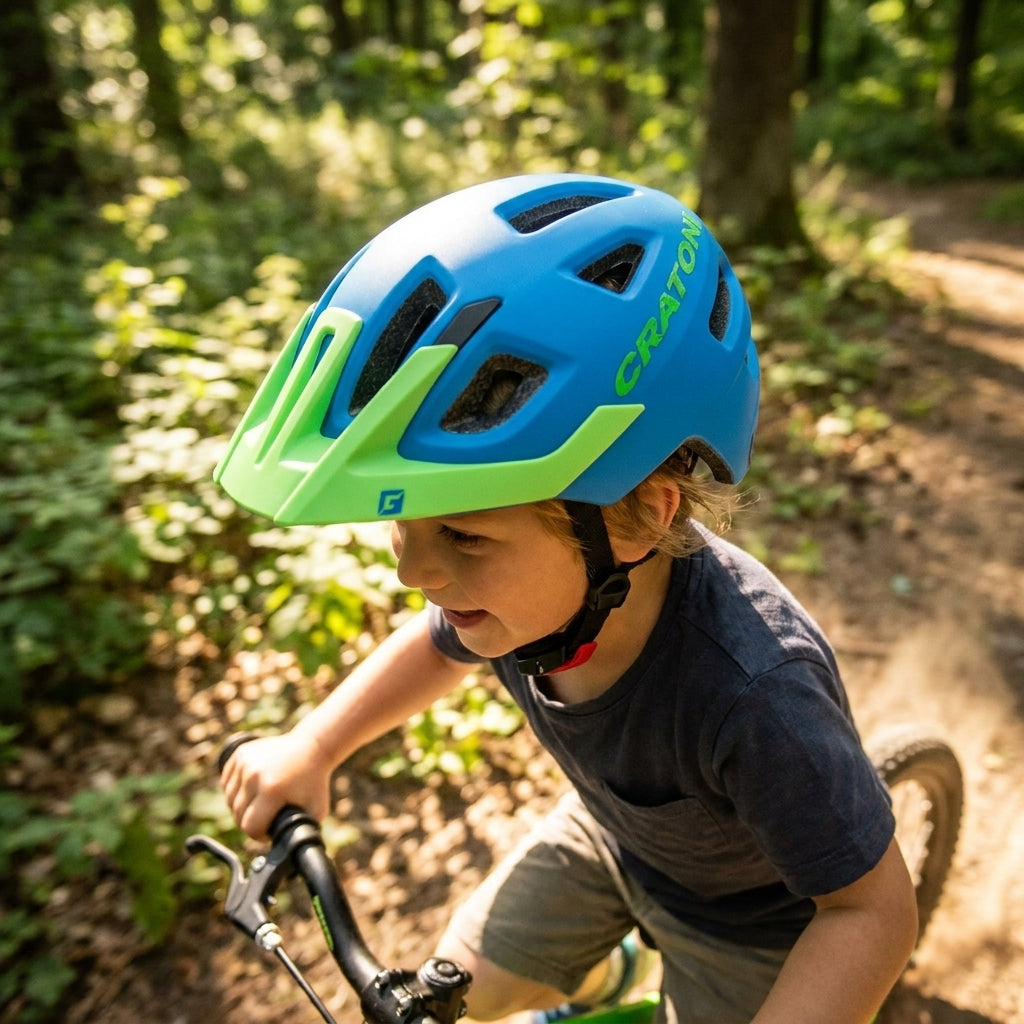 Cratoni Kinderhelm Maxster Pro Kid blau grün matt. Kind fährt Mountainbike im Wald.
