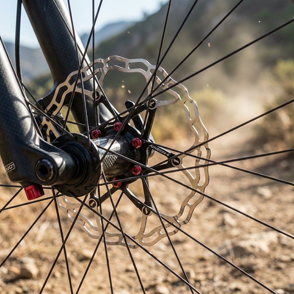 Ashima ARO-10 AiNeon 180mm 2-teilige schwarze Bremsscheibe am Vorderrad eines Mountainbikes auf Offroad-Weg.