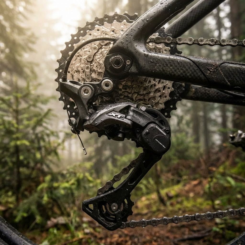 SHIMANO DEORE XT RD-M8000 11-fach Lang Direktmontage Schaltwerk am nassen Fahrrad im Wald.