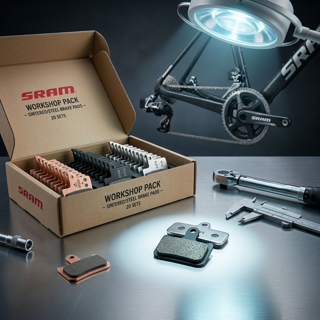 SRAM Scheibenbremsbeläge Werkstattpack 20 Sets (gesintert/Stahl) geöffnet, mit Fahrrad und Werkzeug auf Tisch.