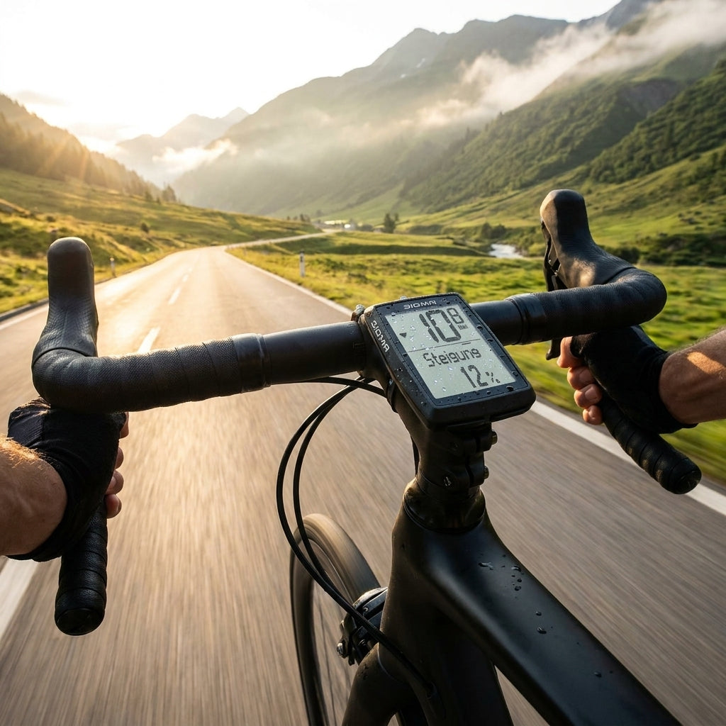 Sigma Sport BC 14.0 WL STS Fahrradcomputer am Lenker, zeigt 12% Steigung beim Radfahren in den Bergen.