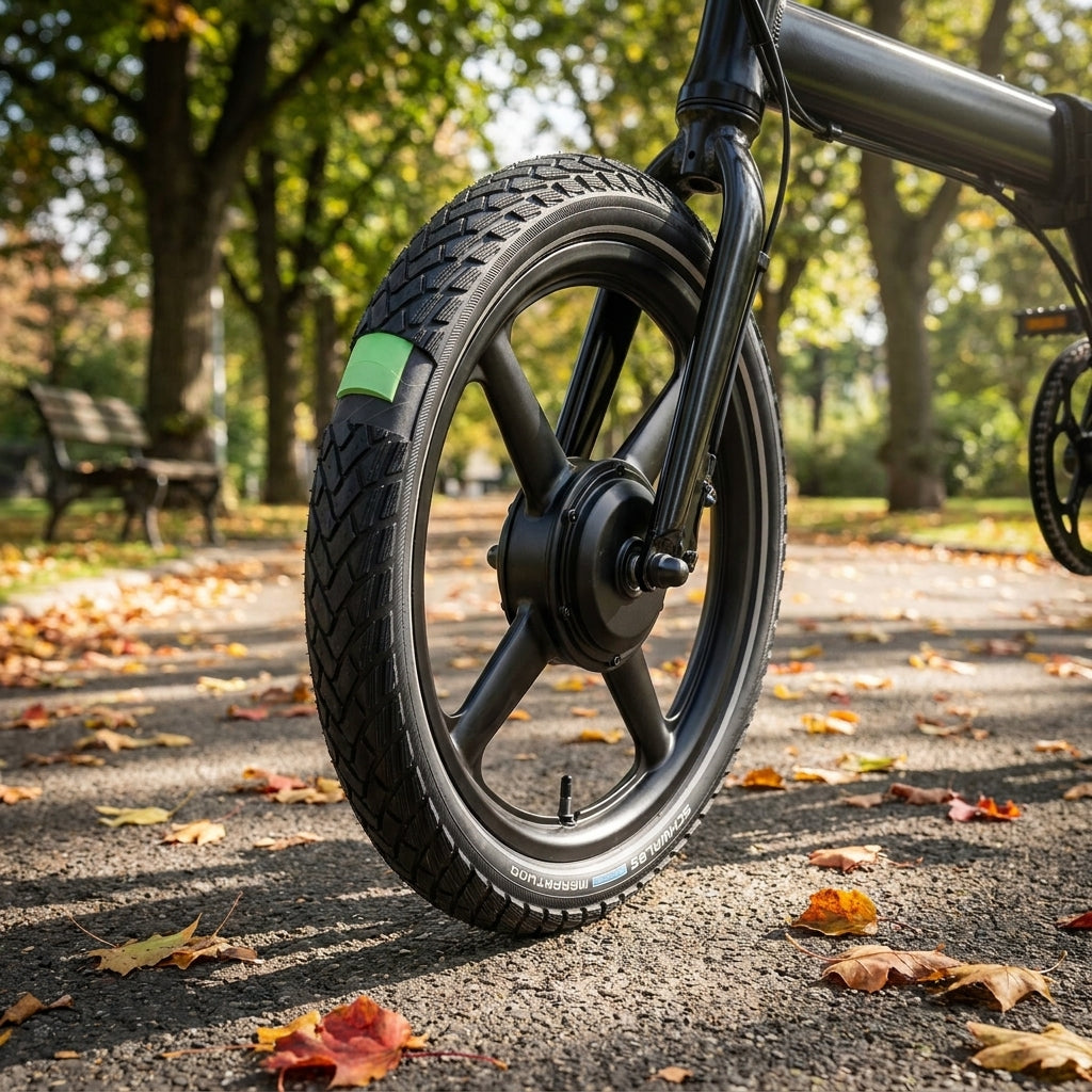 Schwalbe Marathon GreenGuard 16 Zoll Fahrradreifen (schwarz), pannensicher & umweltfreundlich, mit grünem Patch im Herbst.