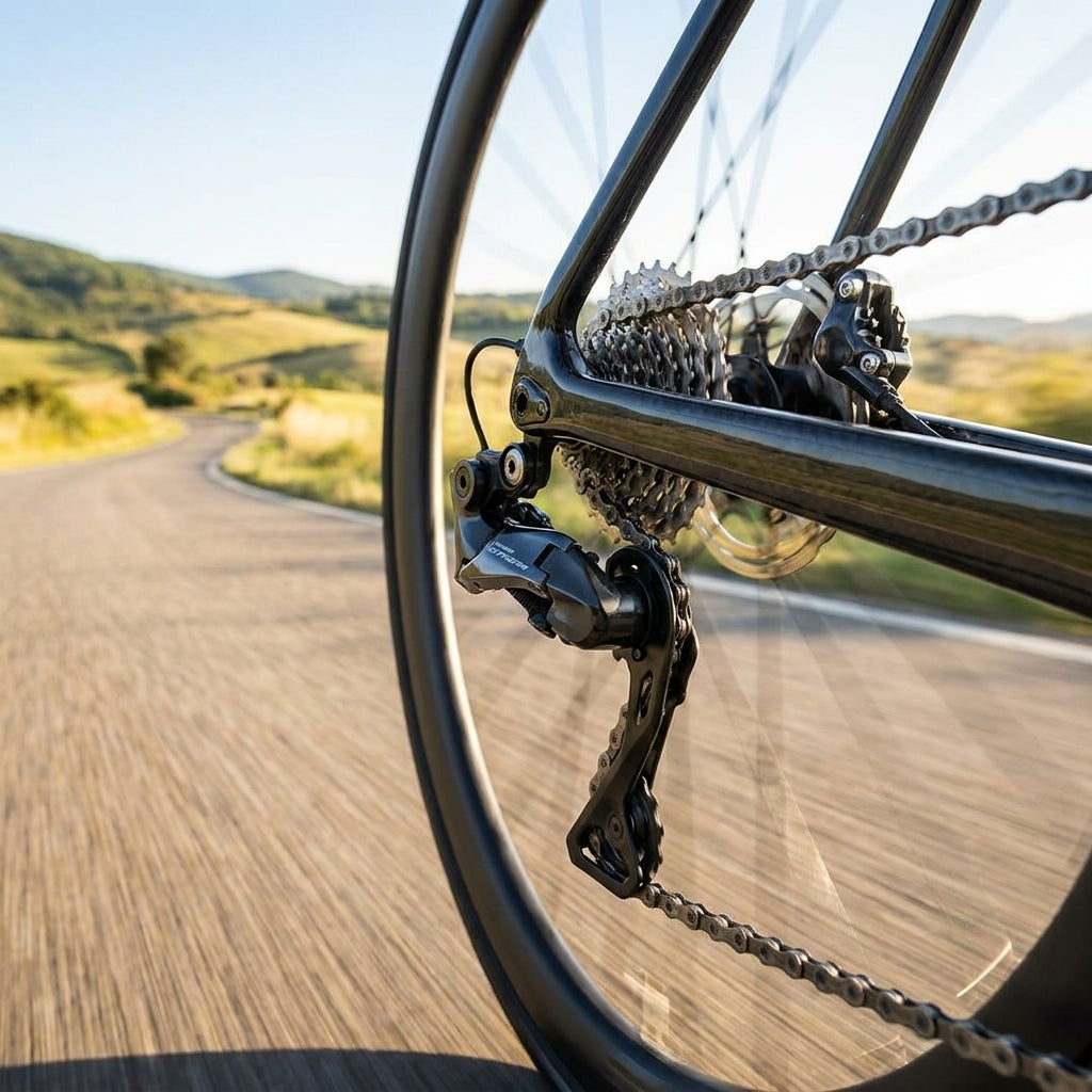SHIMANO Ultegra Di2 RD-R8150 12-fach elektronisches Rennrad Schaltwerk am Hinterrad auf kurviger Straße.