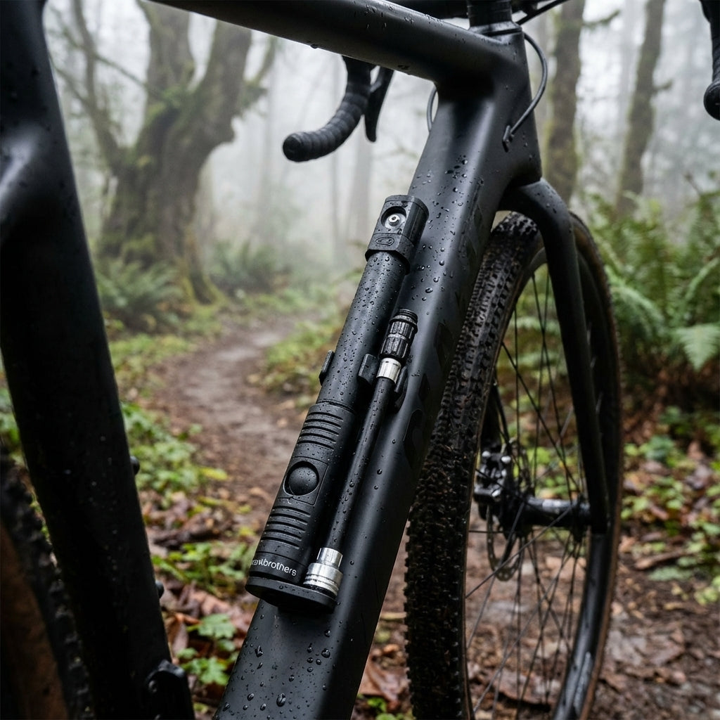 Crankbrothers Klic HP Handpumpe Midnight schwarz mit Rahmenhalter am nassen Fahrrad im nebligen Wald.