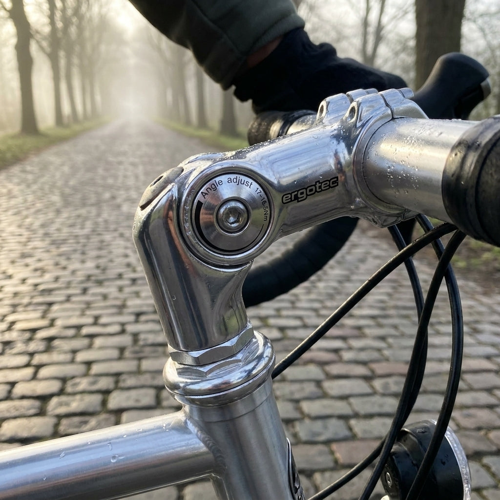 Ergotec Vorbau Octopus 2 SL aus silber poliertem Alu mit Winkelverstellung am Fahrradlenker.