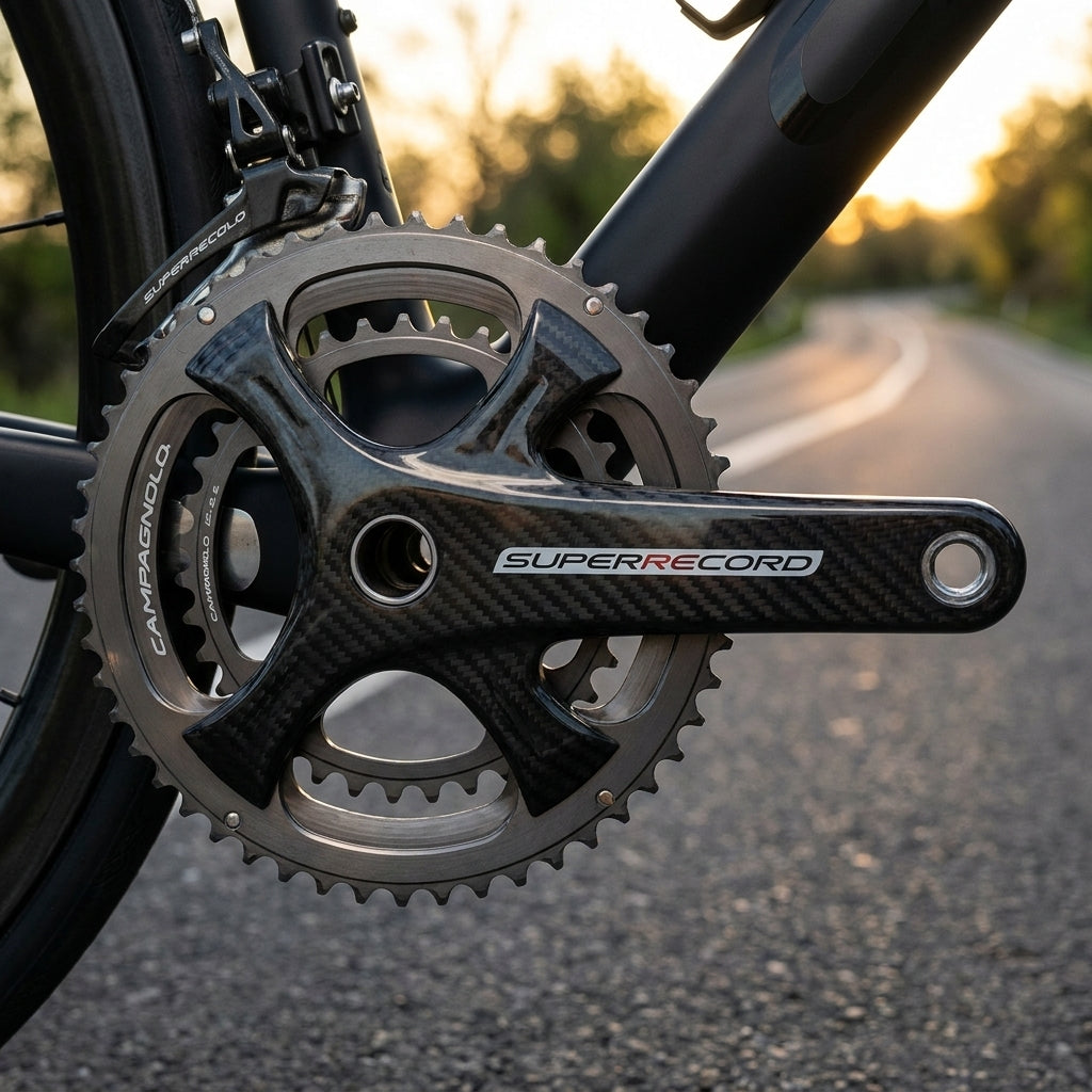 Campagnolo Super Record Carbon 12-fach Powermeter Kurbelgarnitur am Rennrad, nahaufnahme.