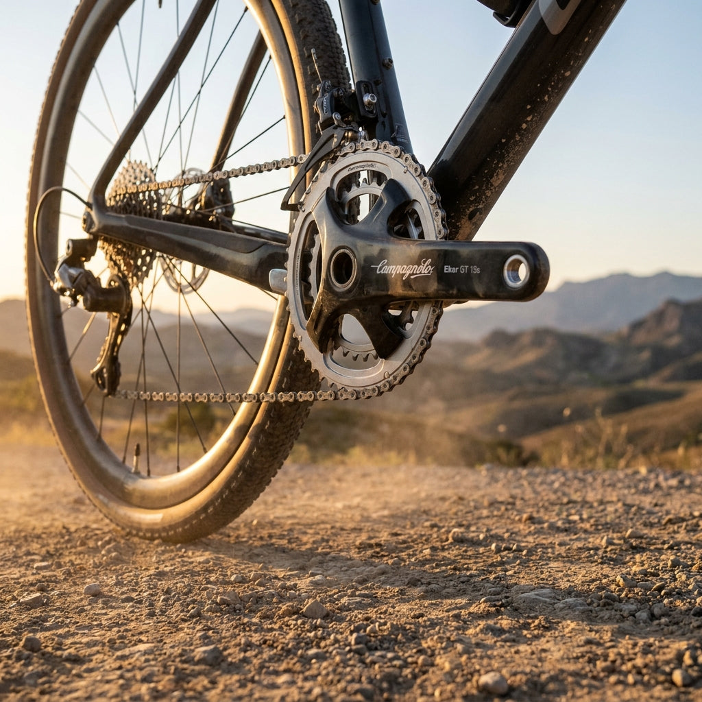 Campagnolo Ekar GT 13s Kurbelgarnitur an einem Gravel-Bike auf staubiger Straße. Präziser 13-fach Antrieb für Abenteuer.