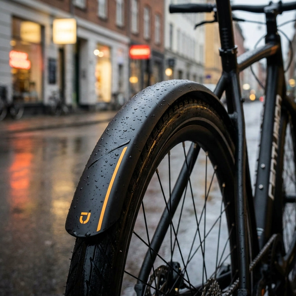 Schwarzes Centurion Curana Ersatz-Schutzblech mit Regentropfen am Fahrrad auf nasser Straße.