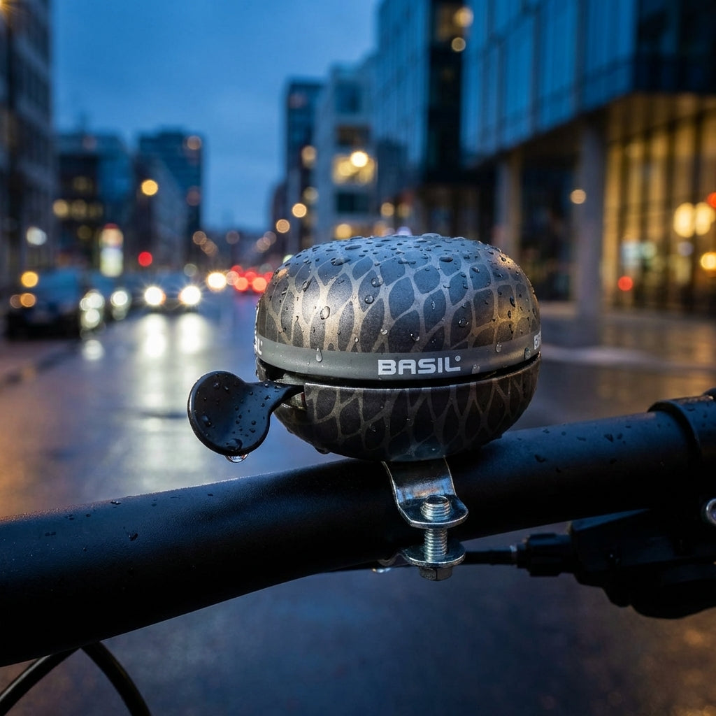 Basil Ding-Dong Klingel Noir black metallic Ø60mm mit Schlangenmuster auf nassem Fahrradlenker in der Stadt.