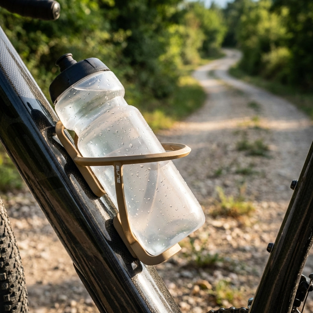 Elite T-Race Flaschenhalter dunkelbeige soft touch am Fahrrad mit Wassertropfen auf Flasche. Ideal für Rennrad, MTB, Gravel.
