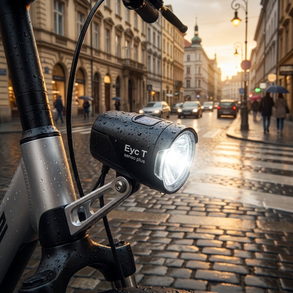 Busch + Müller IQ2 Eyc T senso plus StVZO Dynamo-Scheinwerfer am Fahrrad bei Regen in der Stadt.