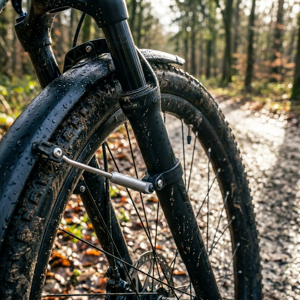 SKS Streben-Befestigungs-Schellen an Federgabel eines schlammigen Mountainbikes mit montiertem Schutzblech im Wald.
