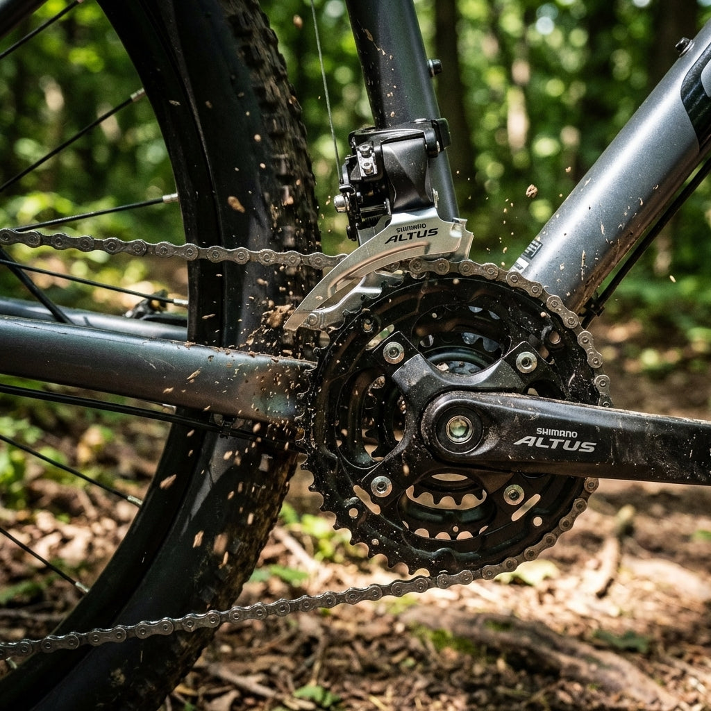 SHIMANO ALTUS FD-M2000 3-fach Umwerfer am schlammigen Mountainbike, für präzises Schalten im Gelände.
