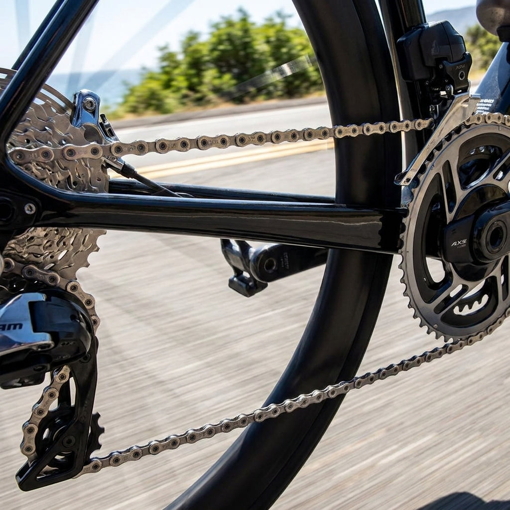 Nahaufnahme einer silbernen SRAM PC RED AXS E1 Kette am Rennrad-Antrieb, ultraleicht, langlebig und effizient.
