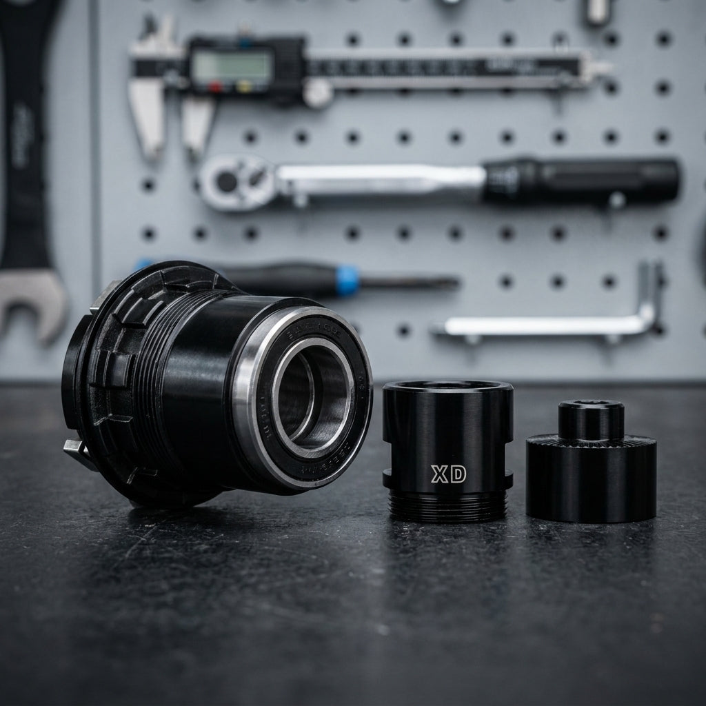 SUNringle Fahrrad Freilauf/Rotor Umrüstkit für SRC/SRX Naben. Schwarzer Freilaufkörper & Adapter vor Werkzeugen.