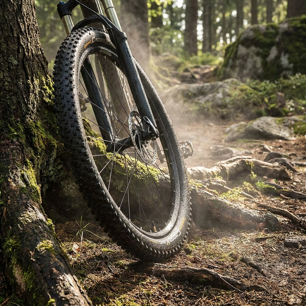 Continental Cross King II Mountainbike-Reifen auf Waldweg, an Baumstamm gelehnt. Profil deutlich sichtbar.
