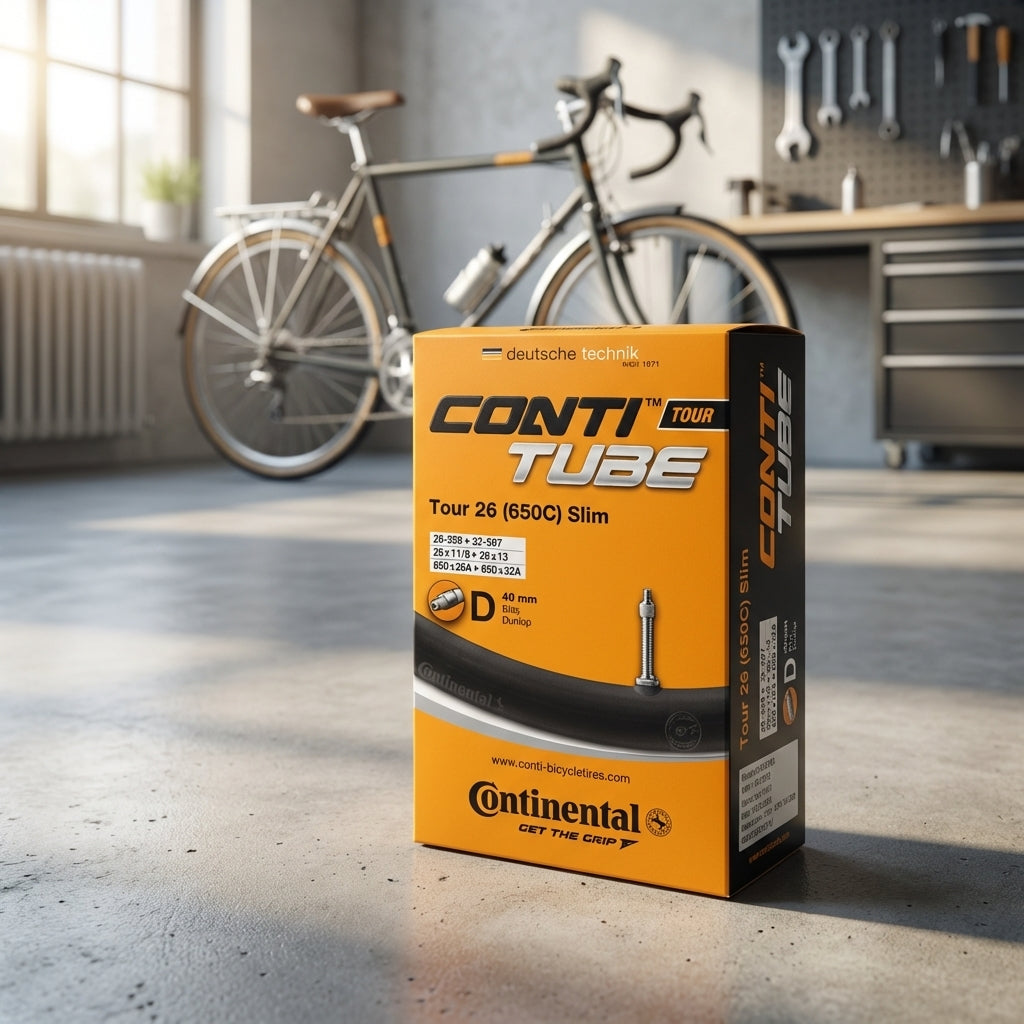 Continental Conti MTB Fahrradschlauch 26 Tour Slim D40, 40mm DV Ventil, vor Fahrrad in Werkstatt.