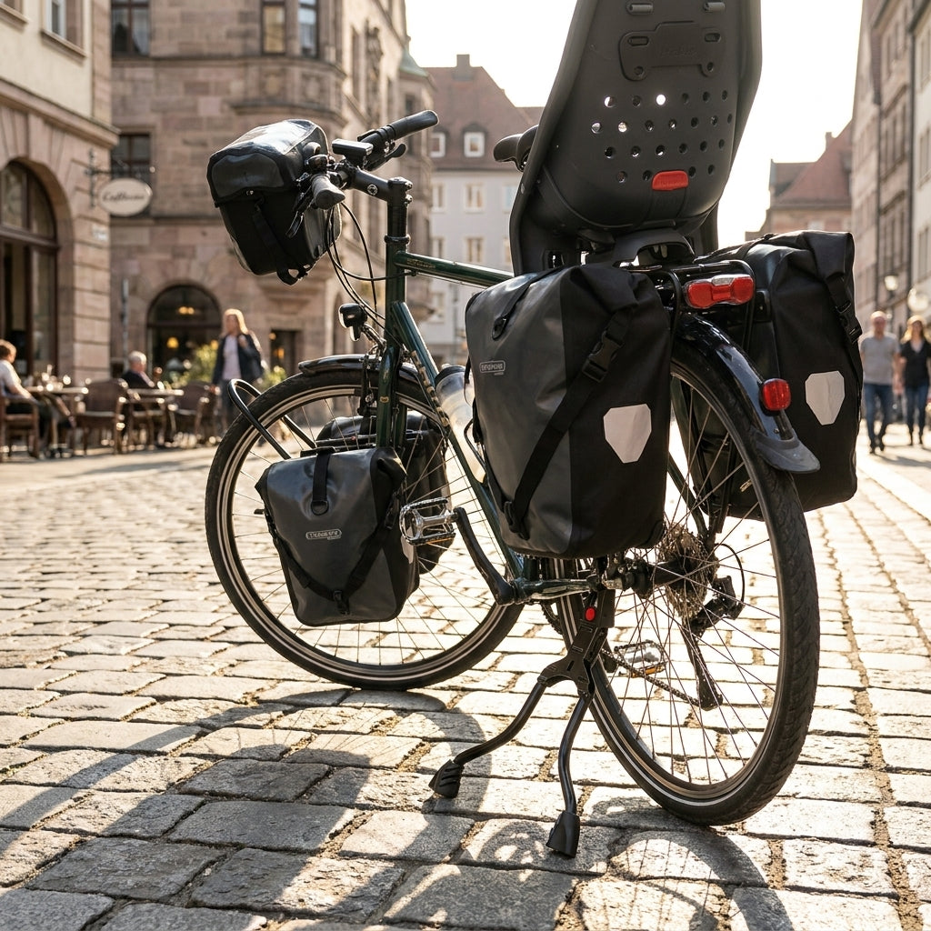 Hebie Zweibeinständer REX schwarz am Fahrrad mit Kindersitz und Packtaschen auf Kopfsteinpflaster in der Stadt.