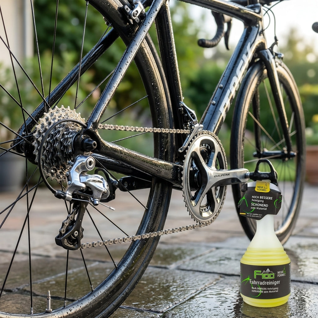 F100 Fahrradreiniger 750ml Flasche vor nassem Rennrad. Schonende Reinigung & Fahrradpflege.