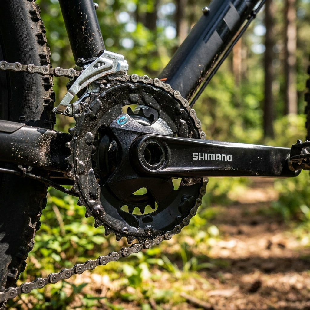 SHIMANO Kurbelgarnitur FC-M315-B2, robuste 7-/8-fach MTB-Antriebseinheit mit Kette und Umwerfer im Wald.