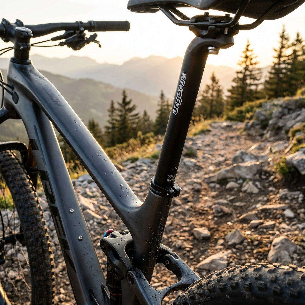 Ergotec Patentsattelstütze Hook schwarz an Mountainbike im Sonnenuntergang in den Bergen.