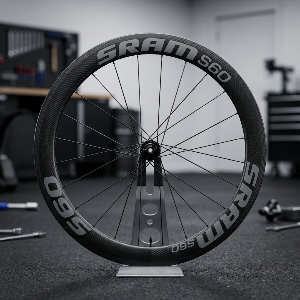SRAM S60 Aufkleberset in Grau auf Carbon Aero-Laufrad. Stilvolles Rennrad-Upgrade.
