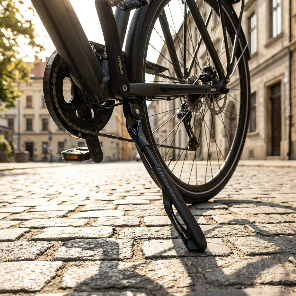 Schwarzer Ursus Seitenständer Wave aus Aluminium am Fahrrad, verstellbar für sicheren Stand. Optimaler Schutz und Stabilität.