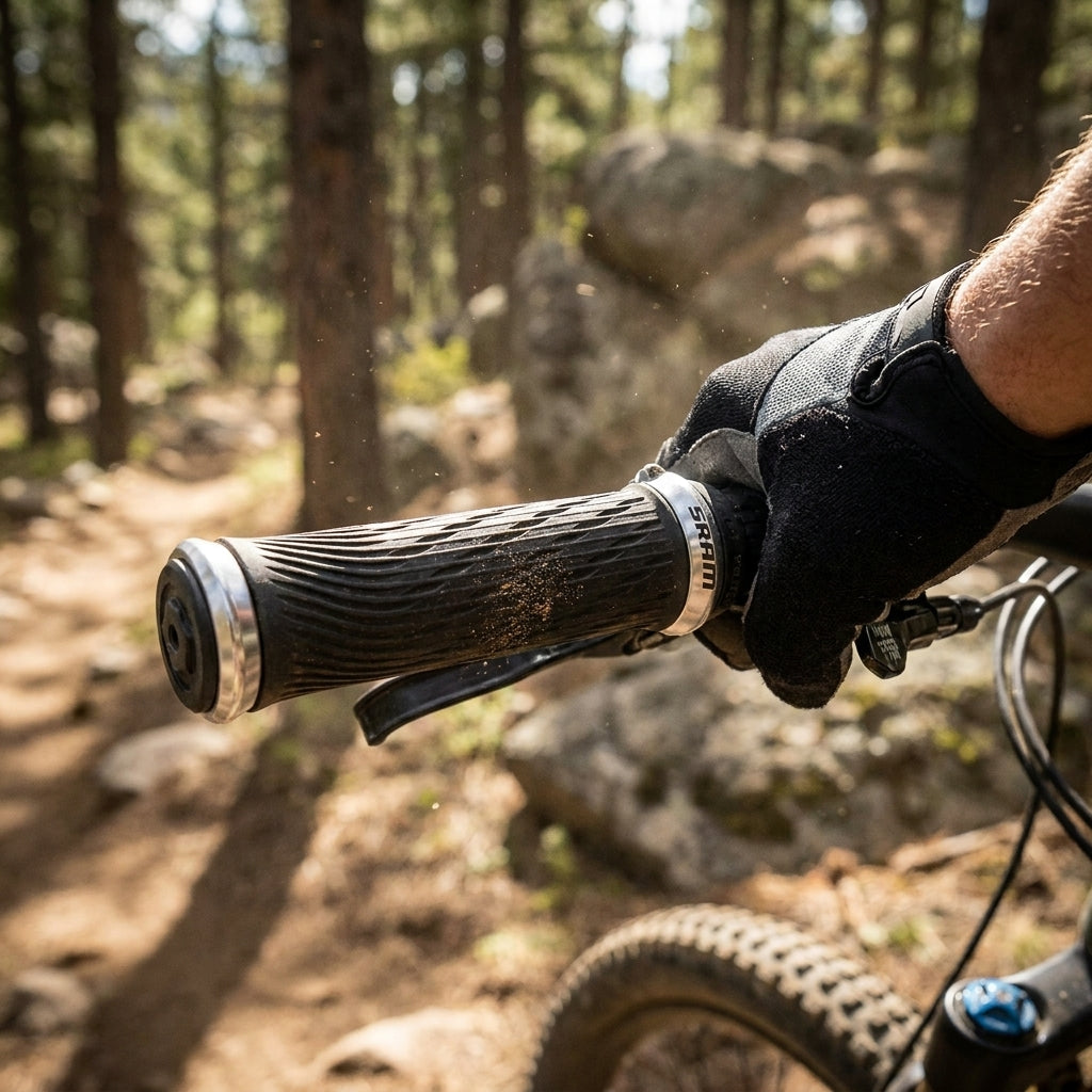 Mountainbiker hält schwarzen SRAM Lockring Griff mit silberner Klemme am Lenker.