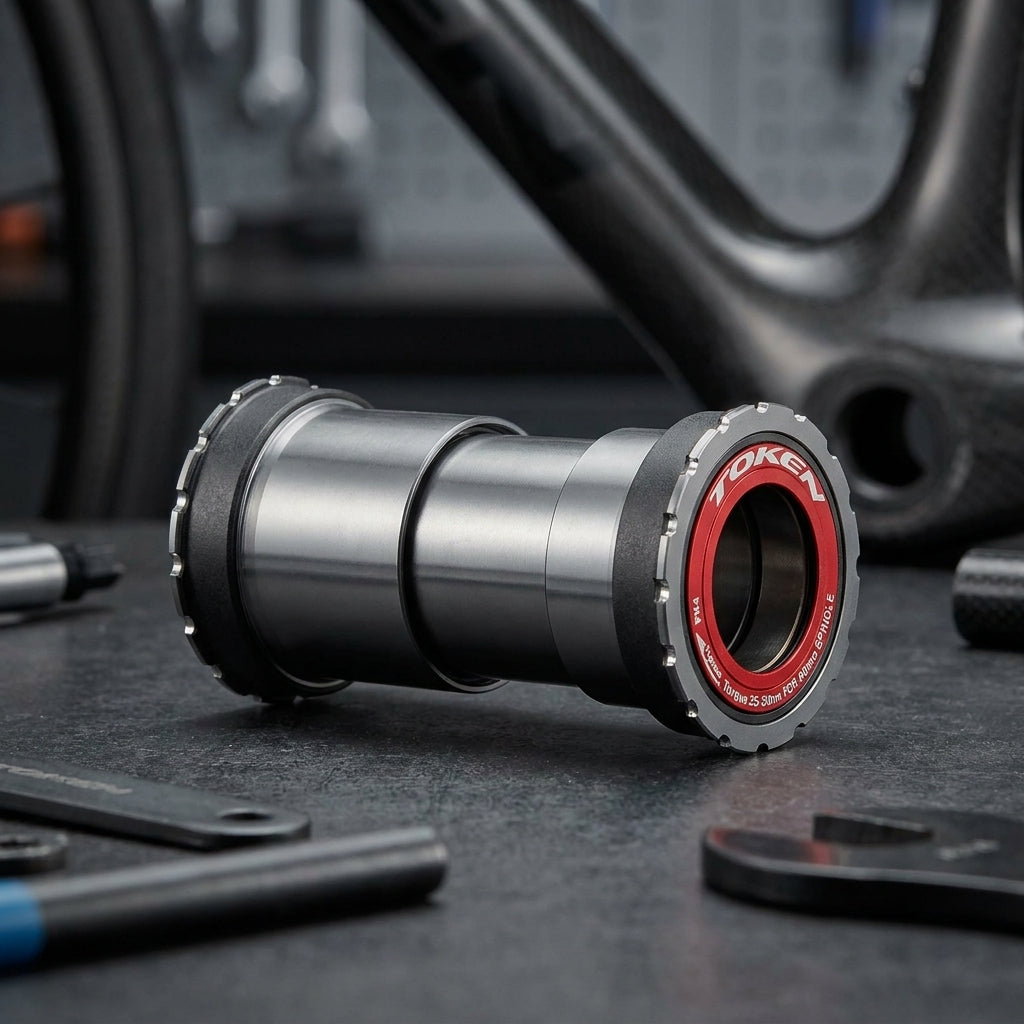 Token Thread Fit TF24 Innenlager für BB86/BB90/BB92 Shimano 24mm Kurbelgarnitur auf Werkbank.