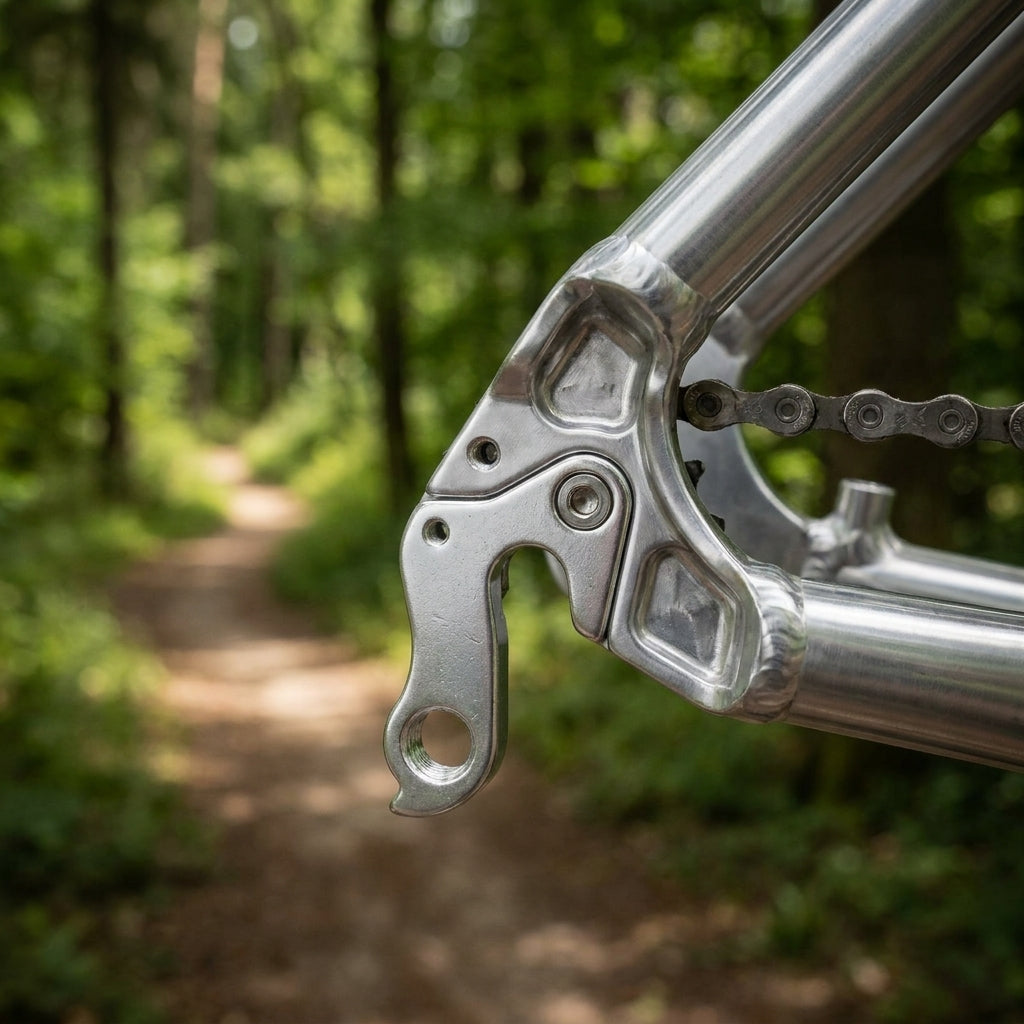 XLC Schaltauge DO-A107 für Disc-Fahrrad, an silbernem Rahmen mit Kette vor Waldweg.