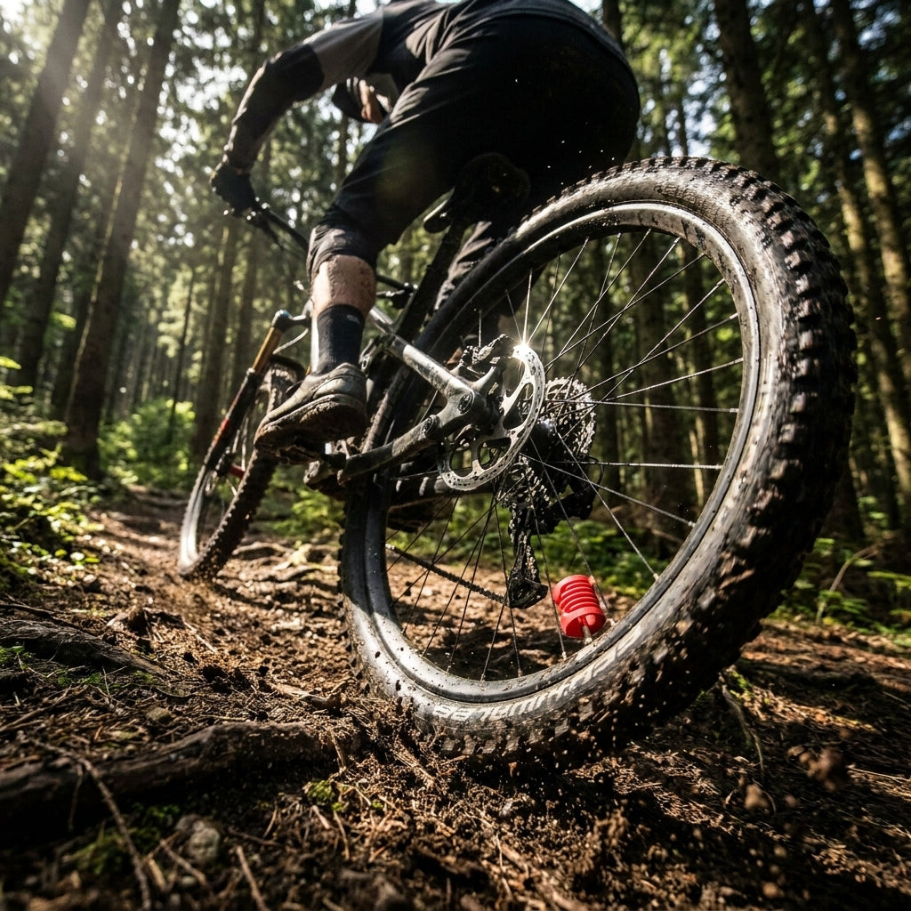 Schwalbe Procore AirGuide universal am Mountainbike-Hinterrad auf einem Trail im sonnigen Wald.
