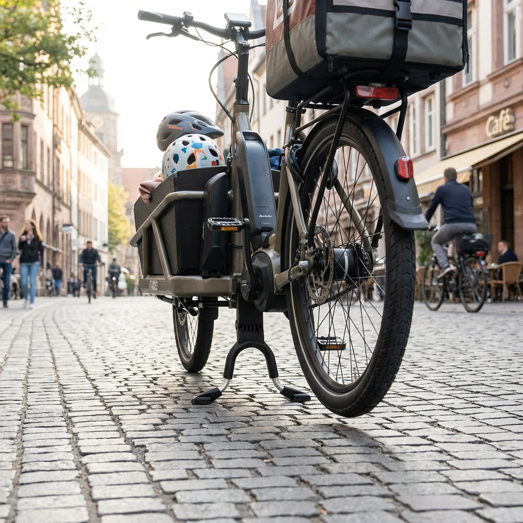 Hebie Zweibeinständer lite REX schwarz an Lastenrad auf Kopfsteinpflaster in der Stadt, Helme im Korb.