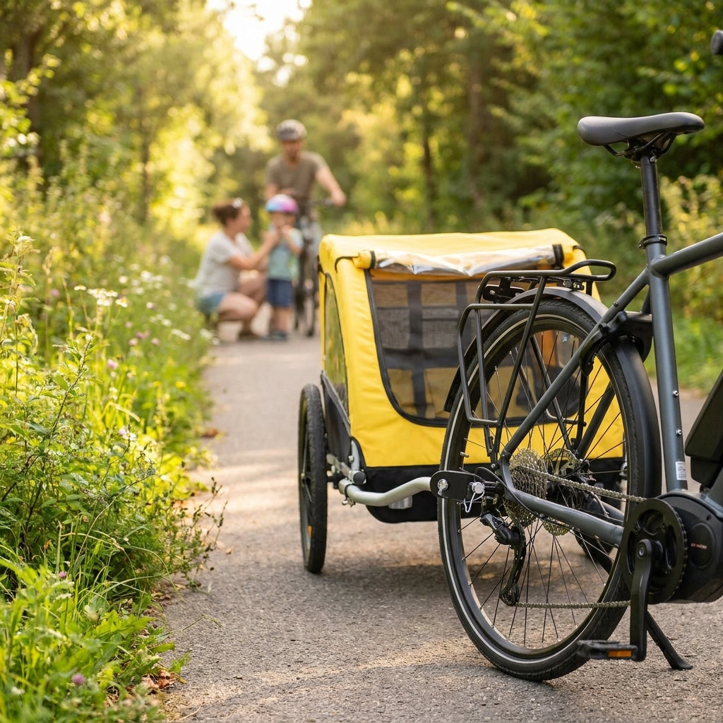 Fahrrad mit gelbem Kinderanhänger auf Waldweg, befestigt mit M-WAVE Schnellverschluss Zweit- und Universalkupplung.