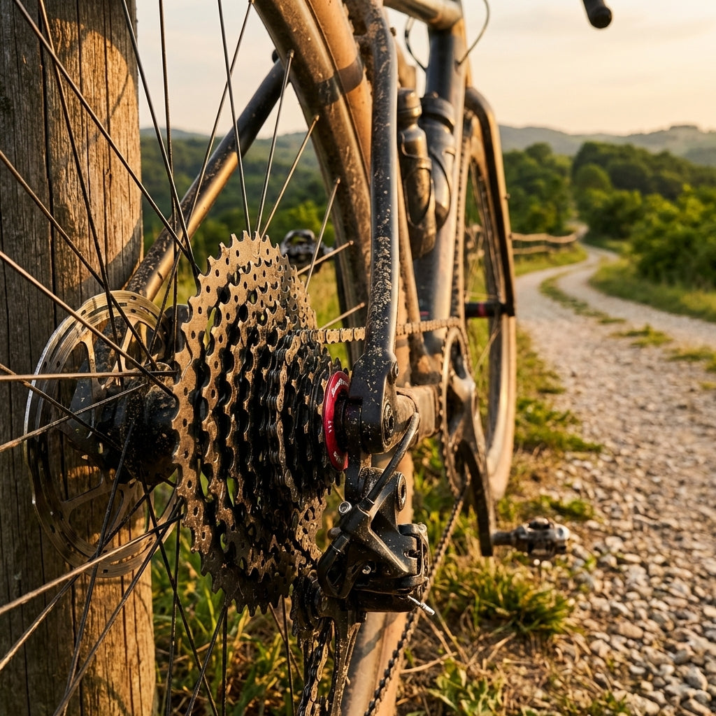 SunRace CSRX11 Kassette 11-34T Schwarz für Straßen- & Gravelbikes, montiert am Hinterrad auf Schotterweg.
