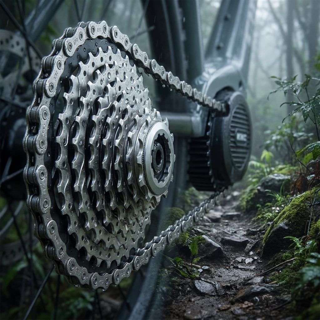 KMC E11 EPT 11-fach Silber E-Bike Kette auf Kassette mit Mittelmotor im nassen Wald auf Trail.